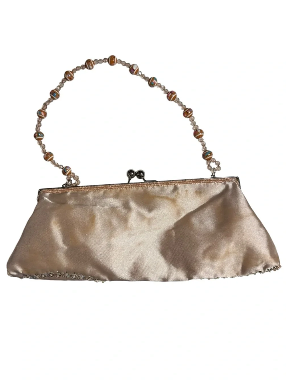 Embroidered Peacock Beaded Handle Evening Bag - Cream